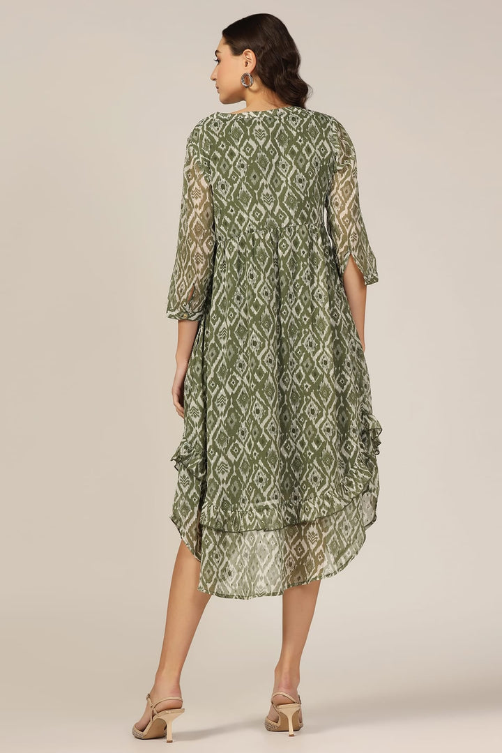 Olive Green Dobby Georgette High Low Dress