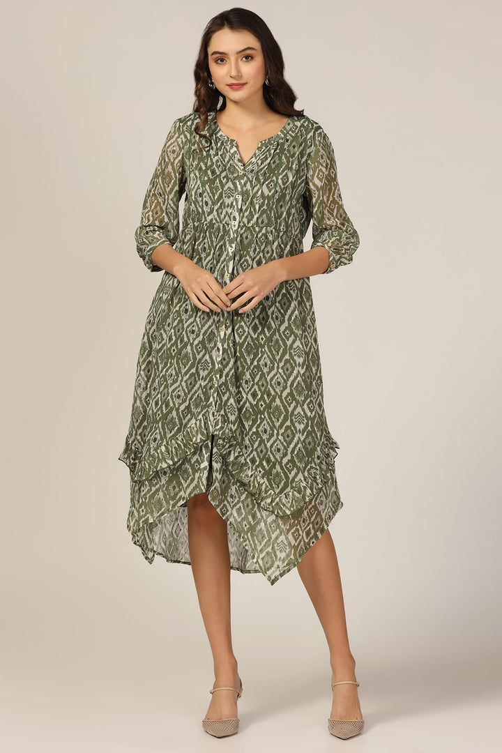 Olive Green Dobby Georgette High Low Dress