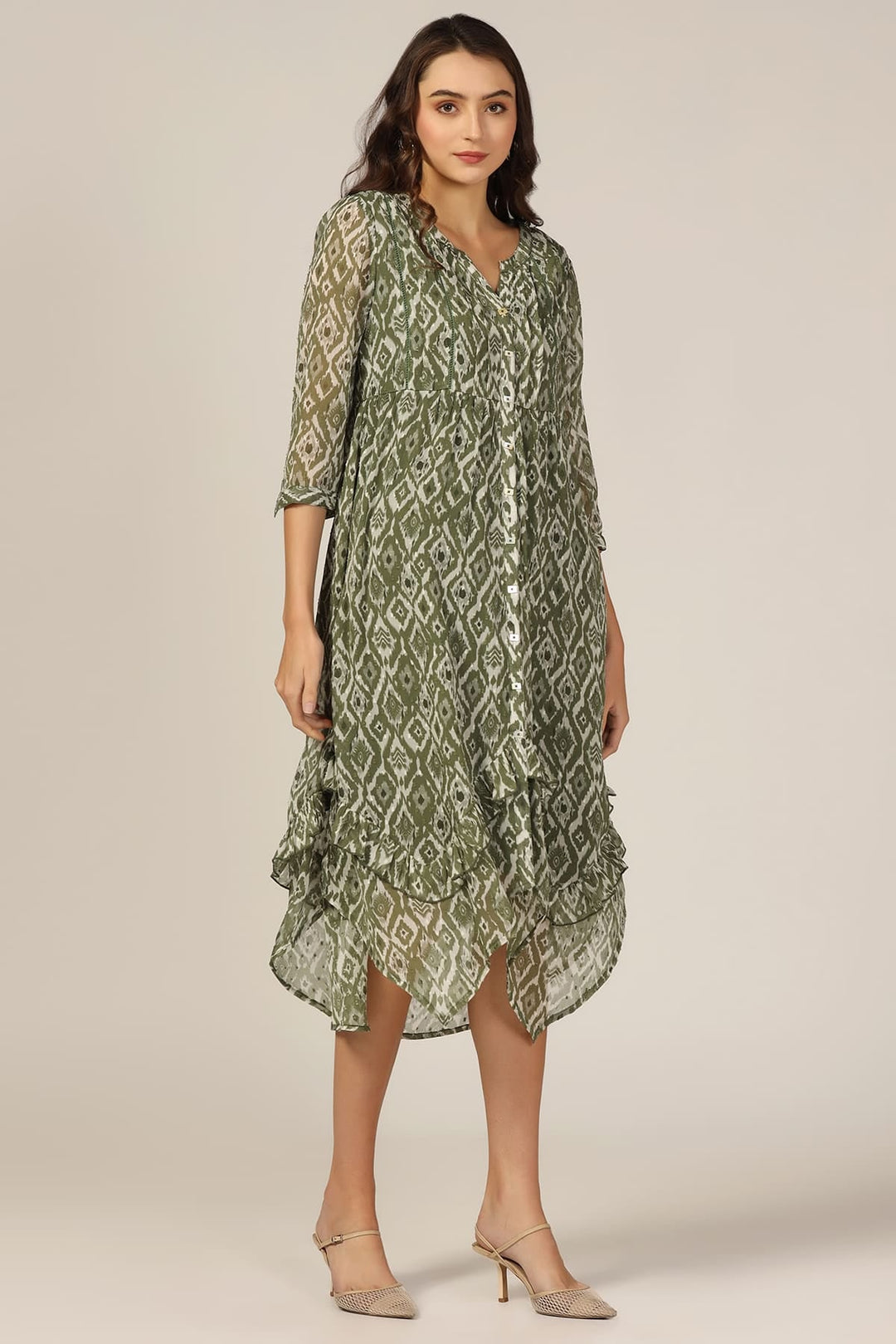 Olive Green Dobby Georgette High Low Dress
