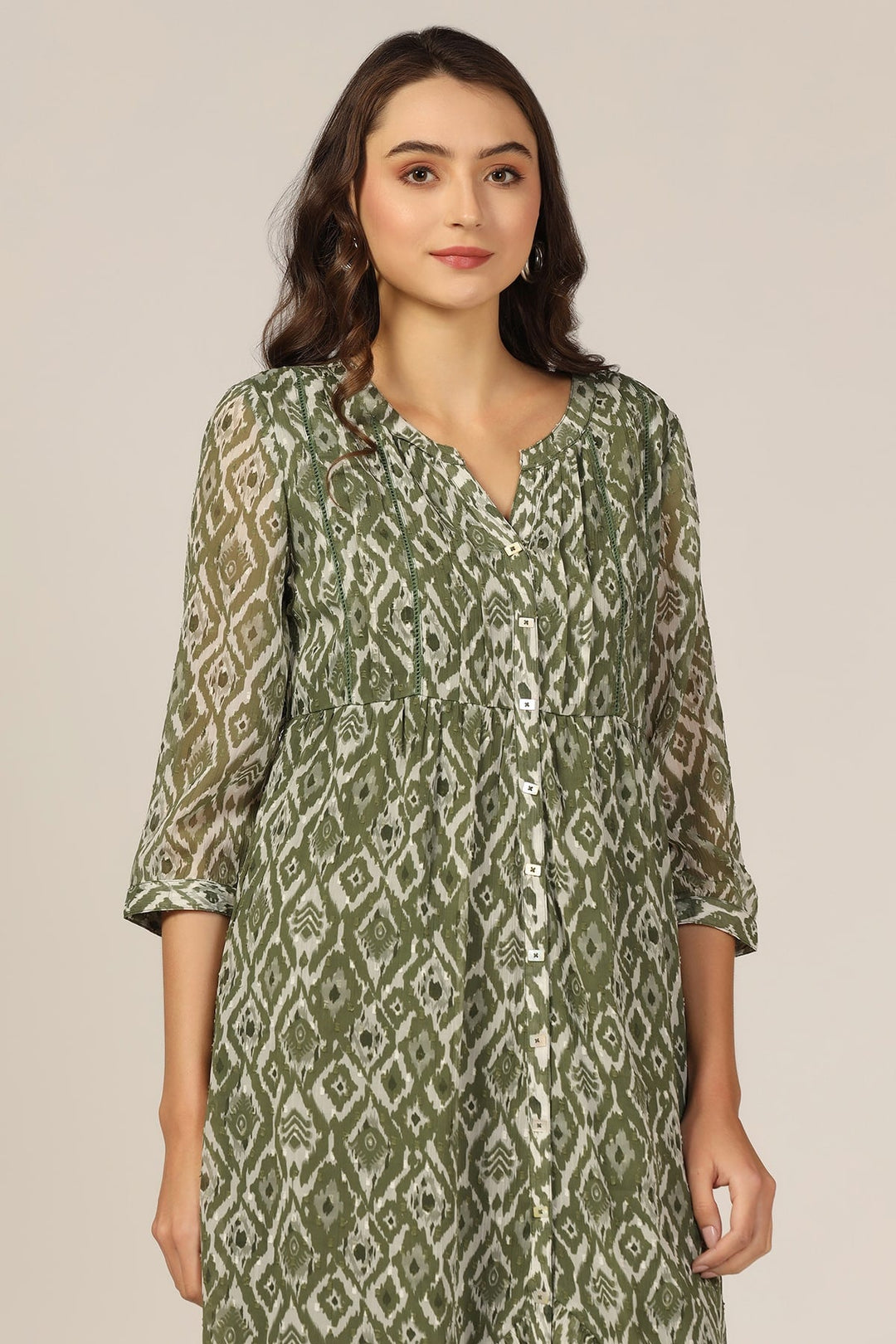 Olive Green Dobby Georgette High Low Dress
