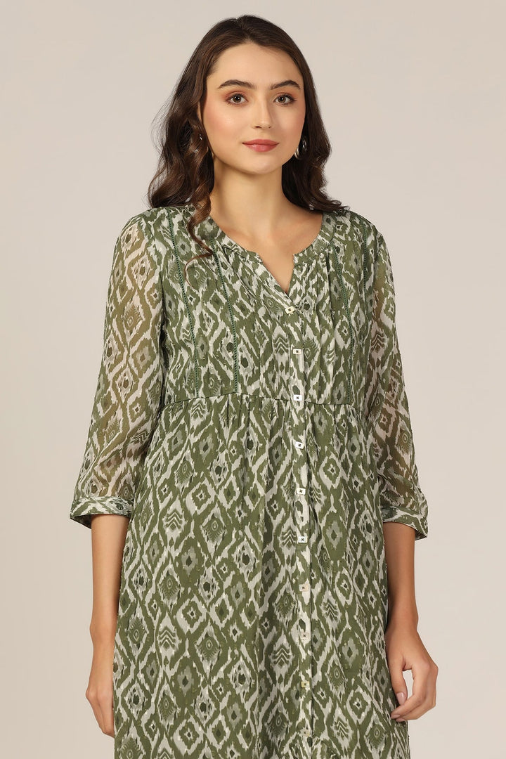 Olive Green Dobby Georgette High Low Dress