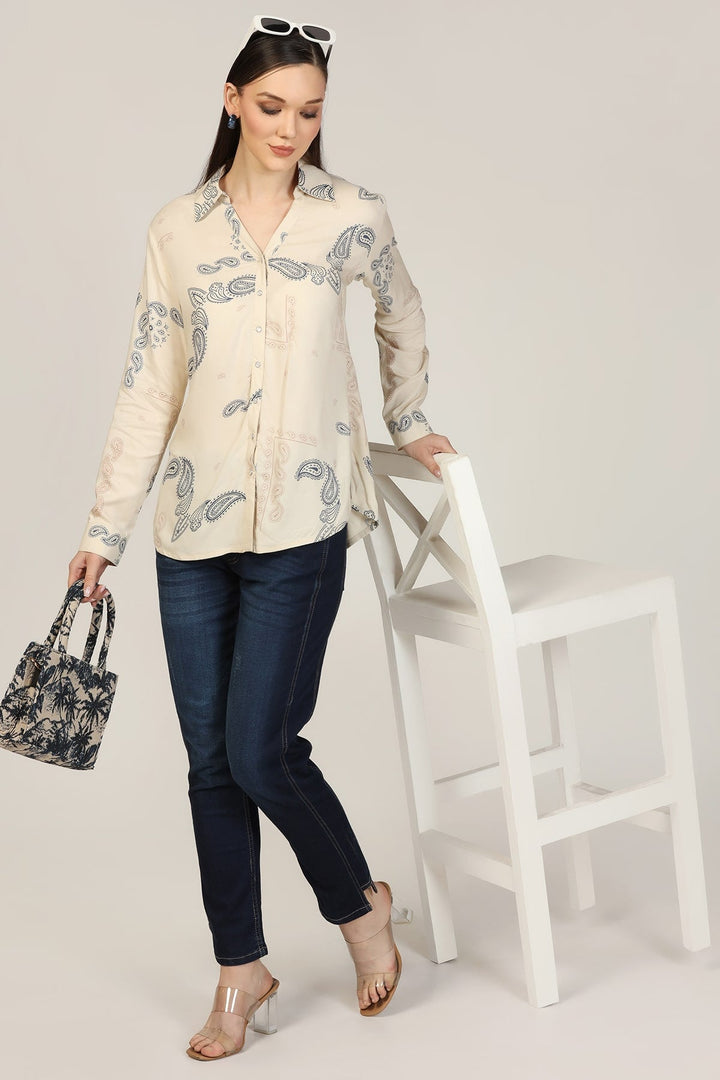 Beige Printed Rayon Shirt