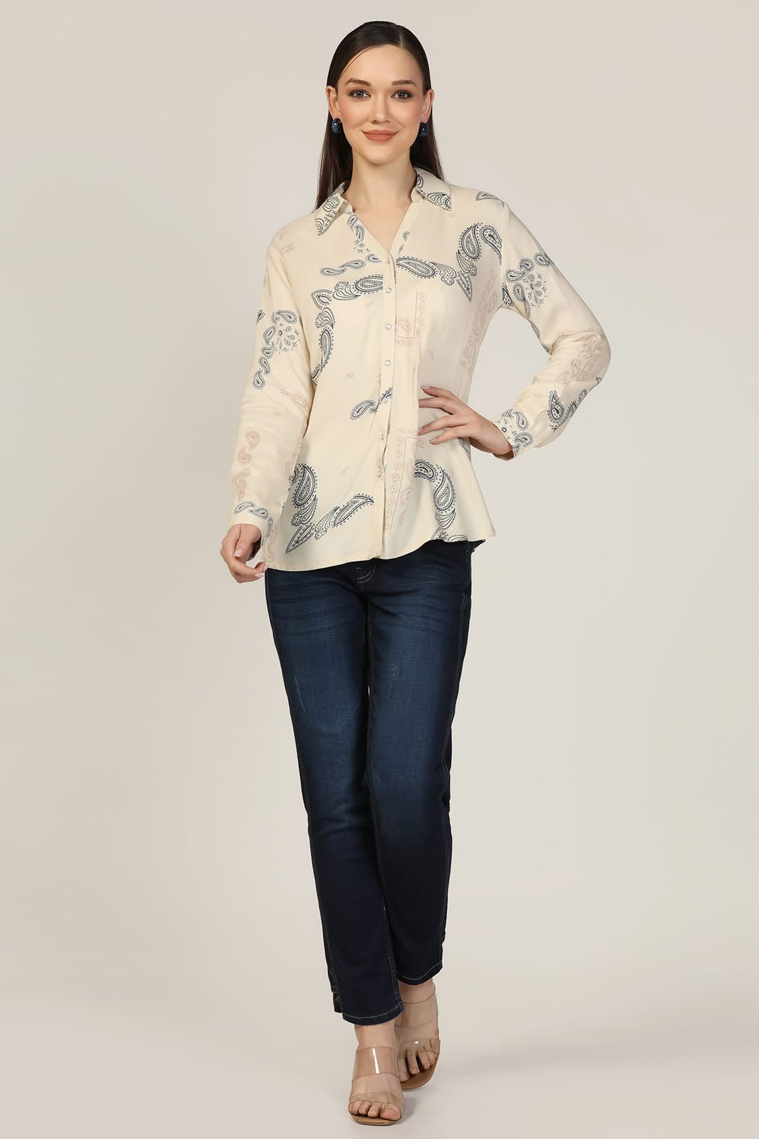 Beige Printed Rayon Shirt