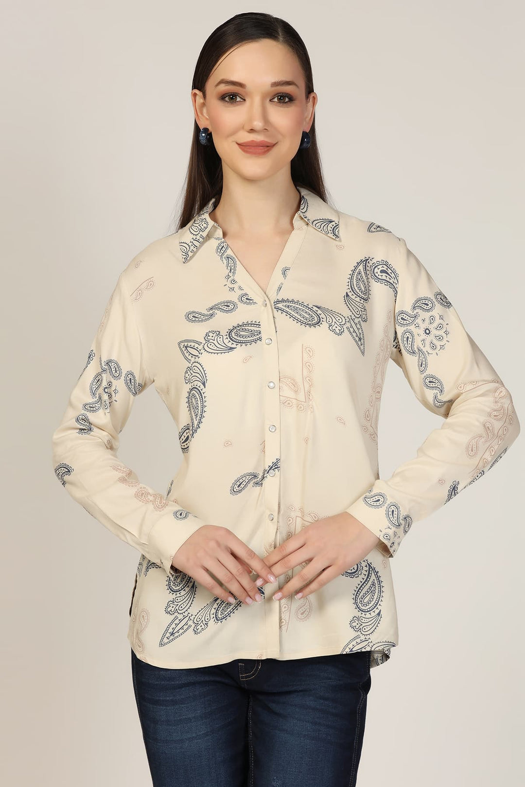 Beige Printed Rayon Shirt