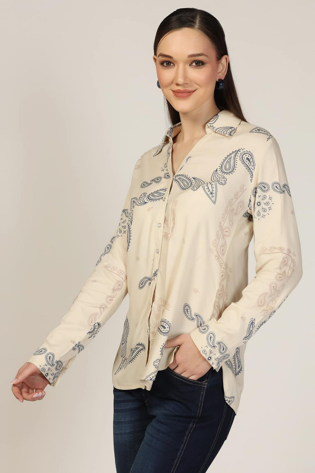 Beige Printed Rayon Shirt