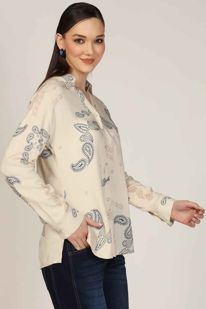 Beige Printed Rayon Shirt