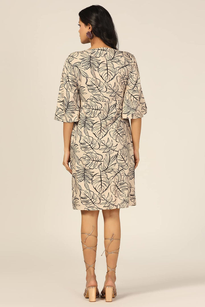 Beige and Black Leaf Print Dress