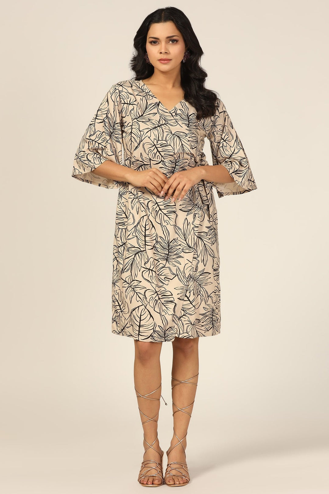 Beige and Black Leaf Print Dress