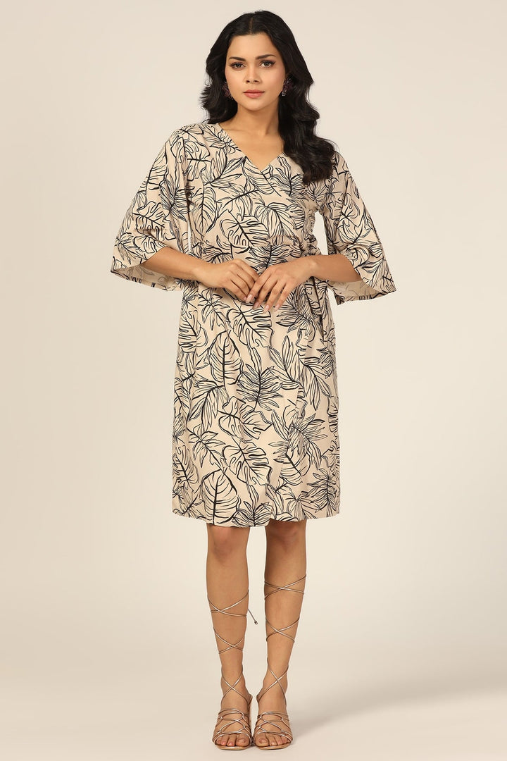 Beige and Black Leaf Print Dress