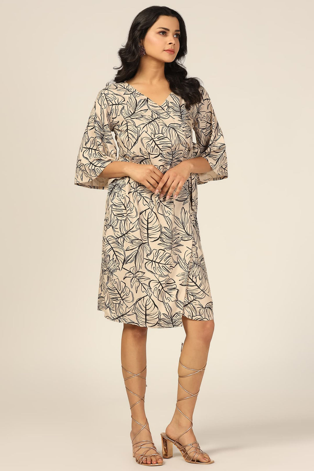 Beige and Black Leaf Print Dress