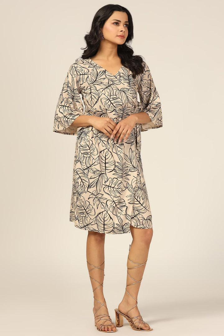 Beige and Black Leaf Print Dress
