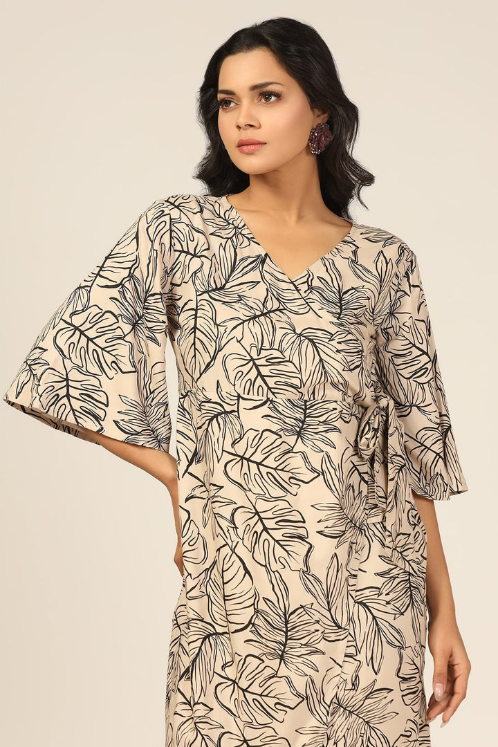 Beige and Black Leaf Print Dress