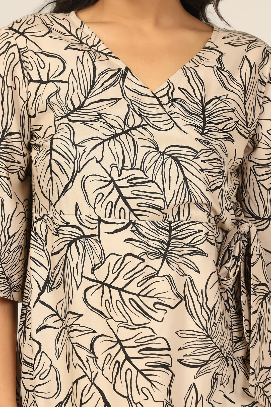 Beige and Black Leaf Print Dress