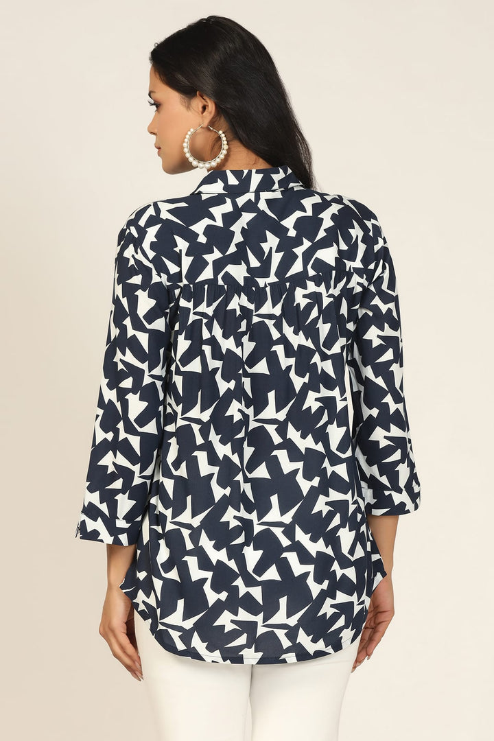 Blue &amp; White Printed Rayon Shirt