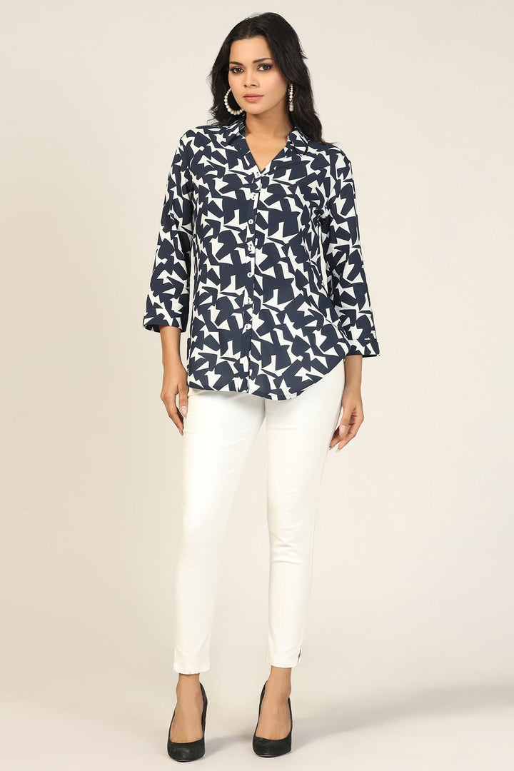 Blue &amp; White Printed Rayon Shirt