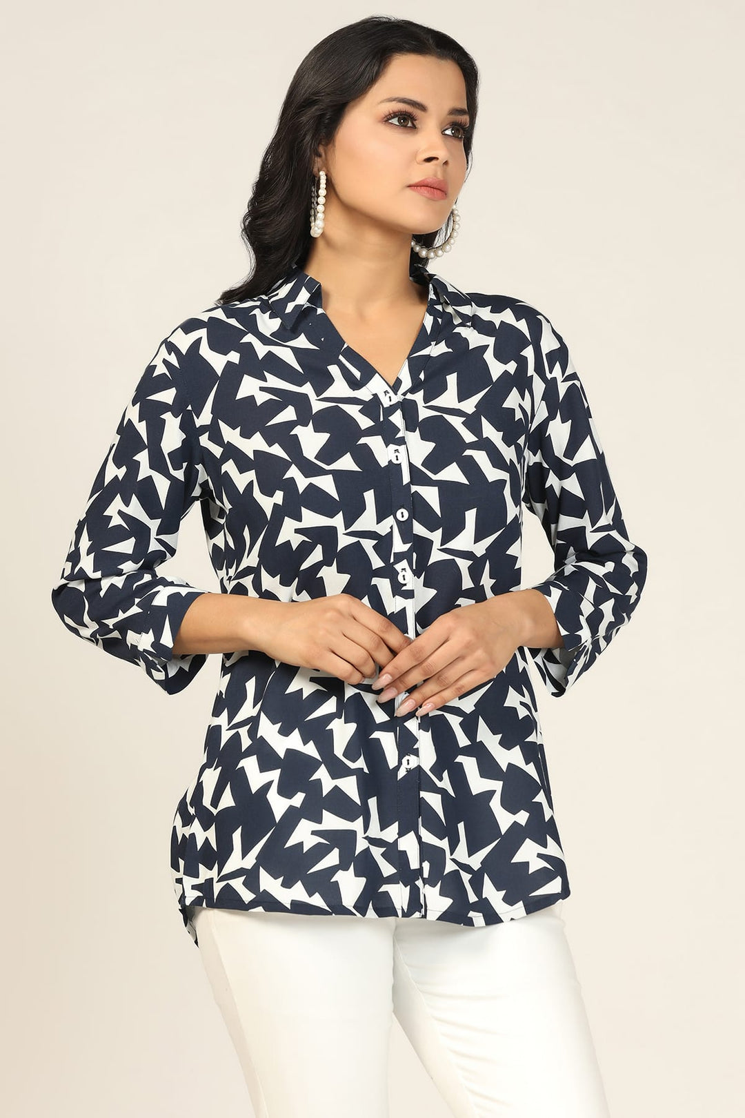 Blue &amp; White Printed Rayon Shirt