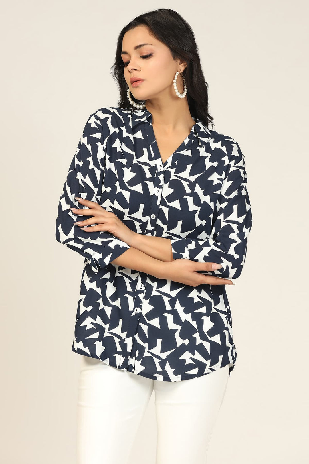Blue &amp; White Printed Rayon Shirt
