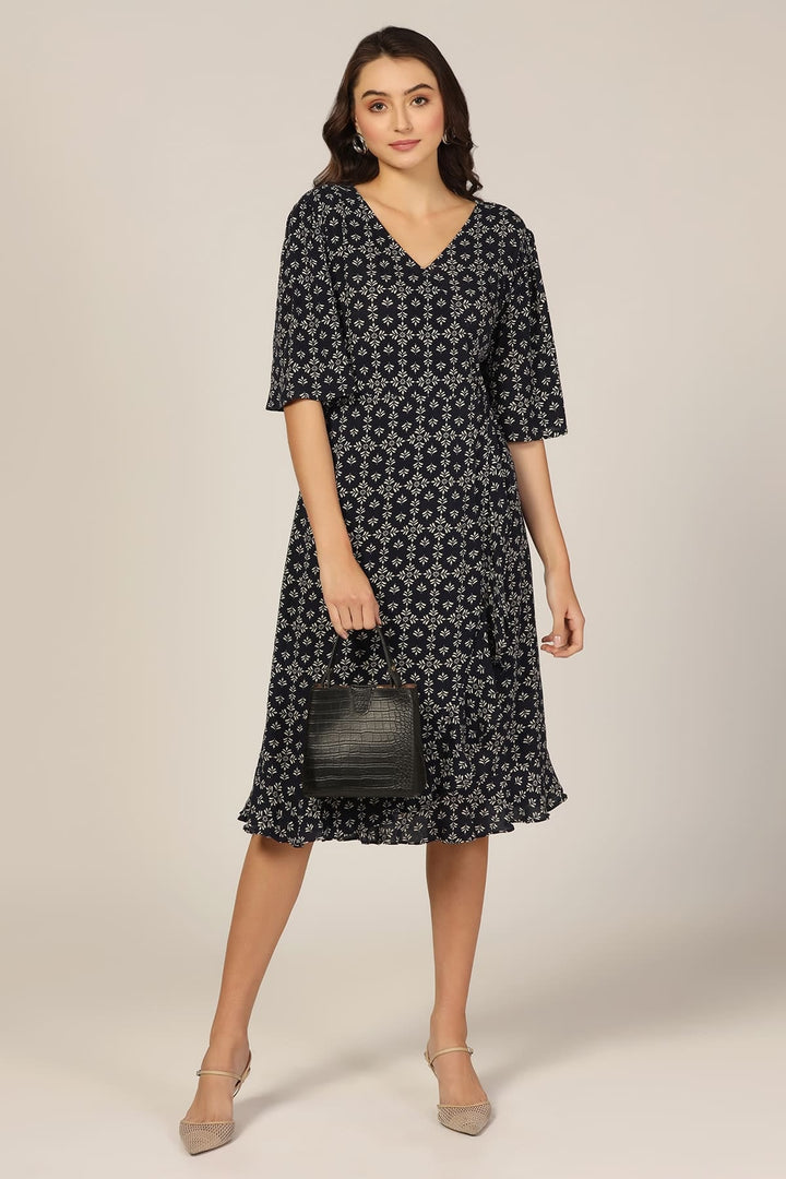 Navy Blue Printed Rayon V-Neck Dress