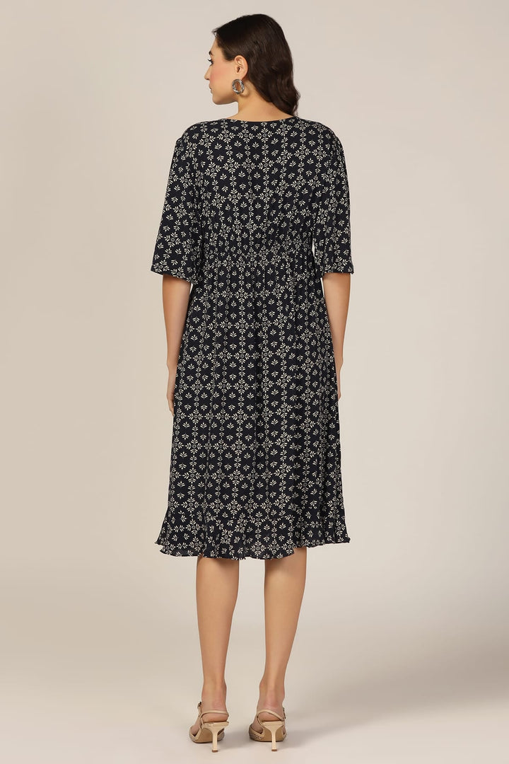 Navy Blue Printed Rayon V-Neck Dress