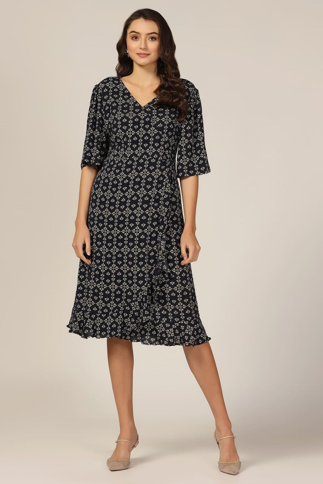 Navy Blue Printed Rayon V-Neck Dress