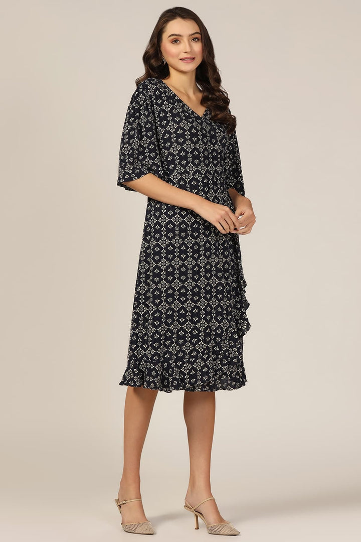 Navy Blue Printed Rayon V-Neck Dress