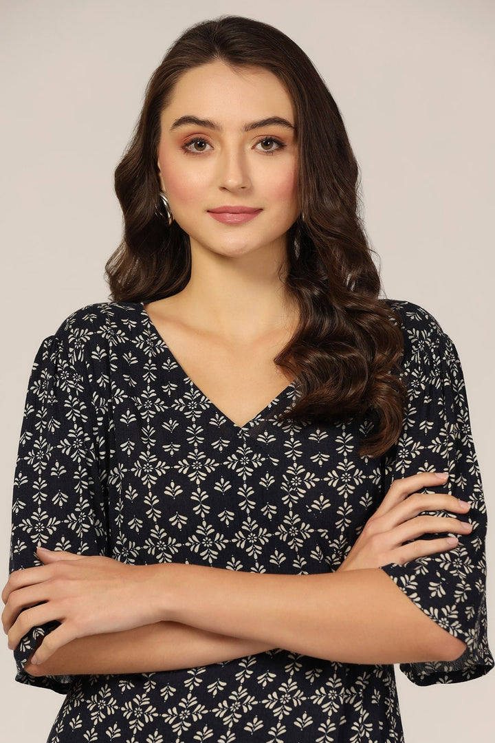 Navy Blue Printed Rayon V-Neck Dress