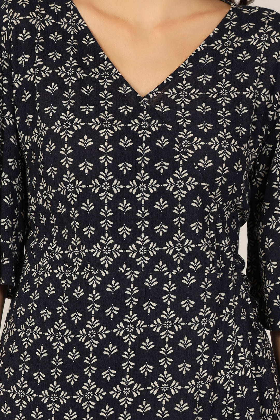 Navy Blue Printed Rayon V-Neck Dress