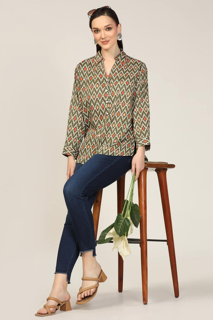 Olive Green Printed Collared Shirt