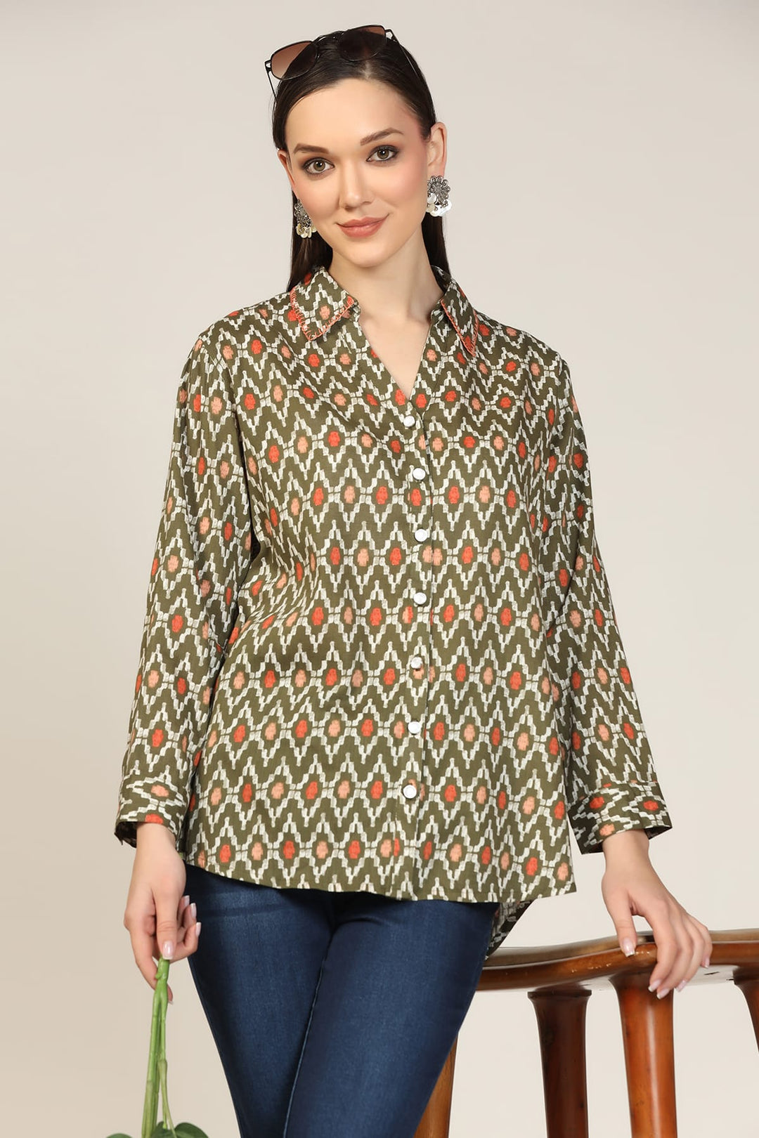 Olive Green Printed Collared Shirt