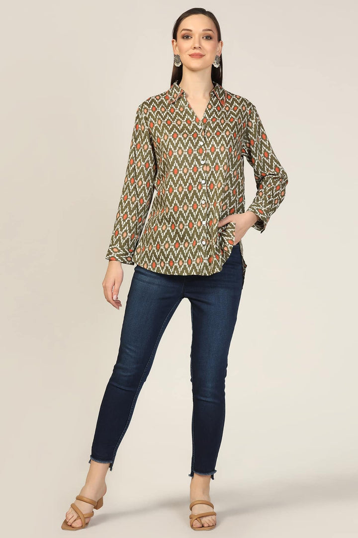 Olive Green Printed Collared Shirt