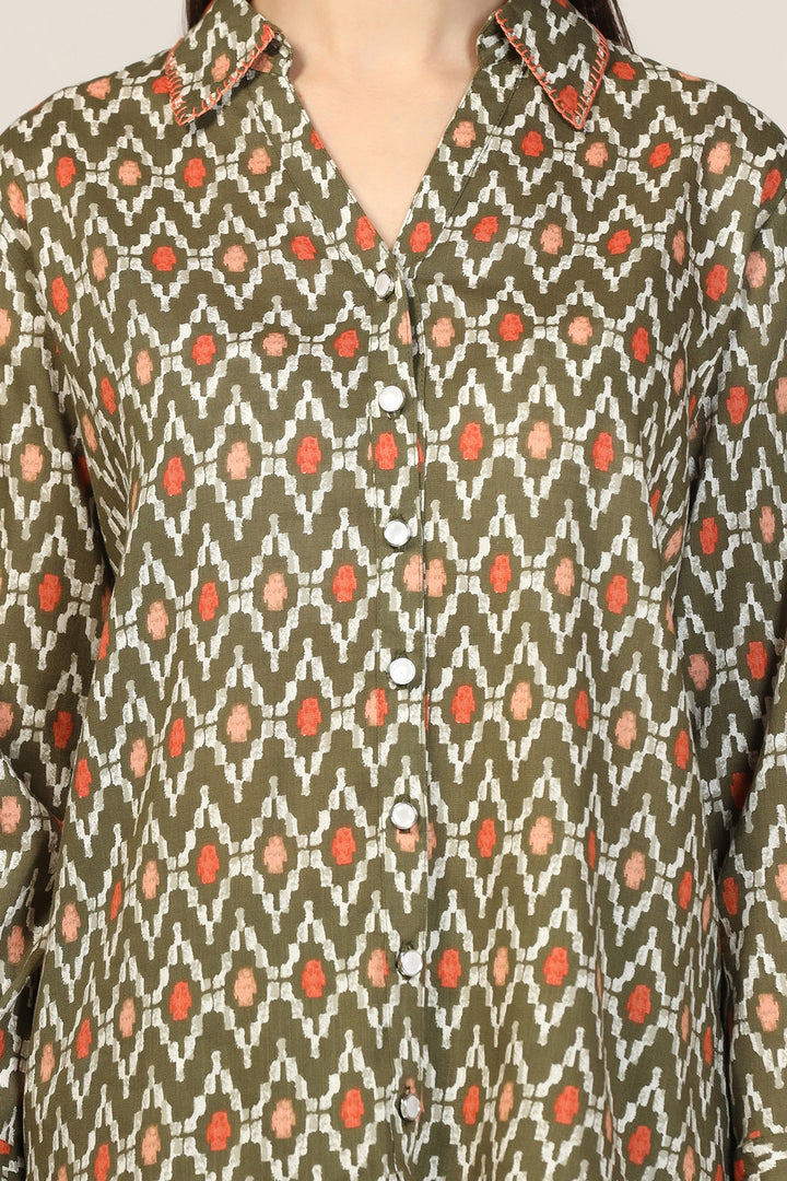 Olive Green Printed Collared Shirt