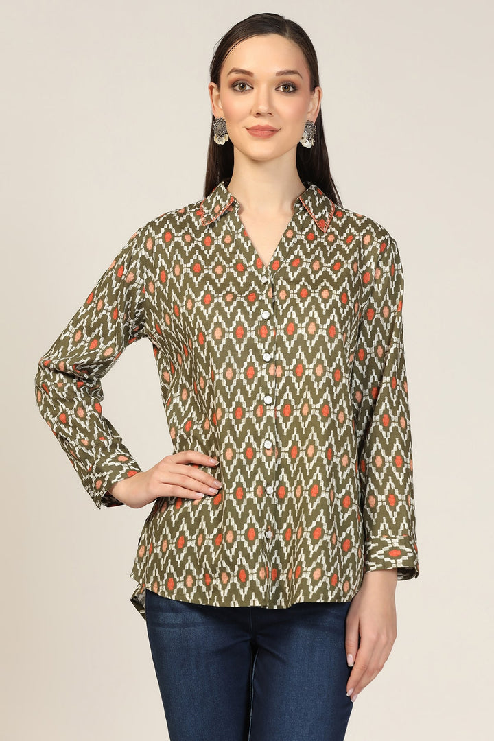 Olive Green Printed Collared Shirt