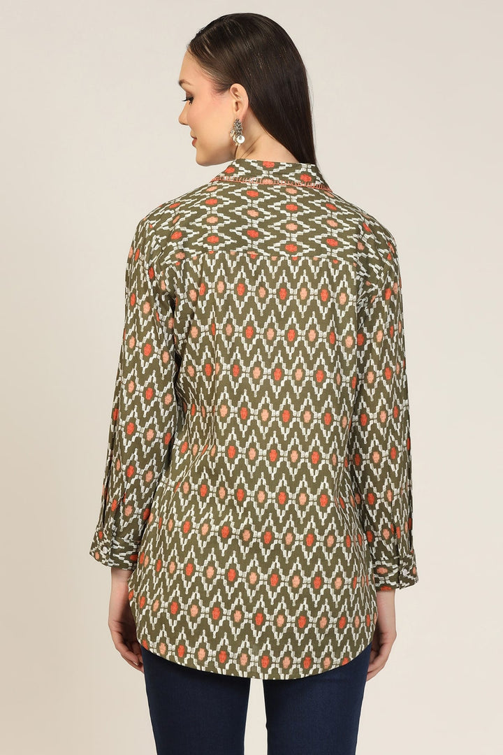 Olive Green Printed Collared Shirt