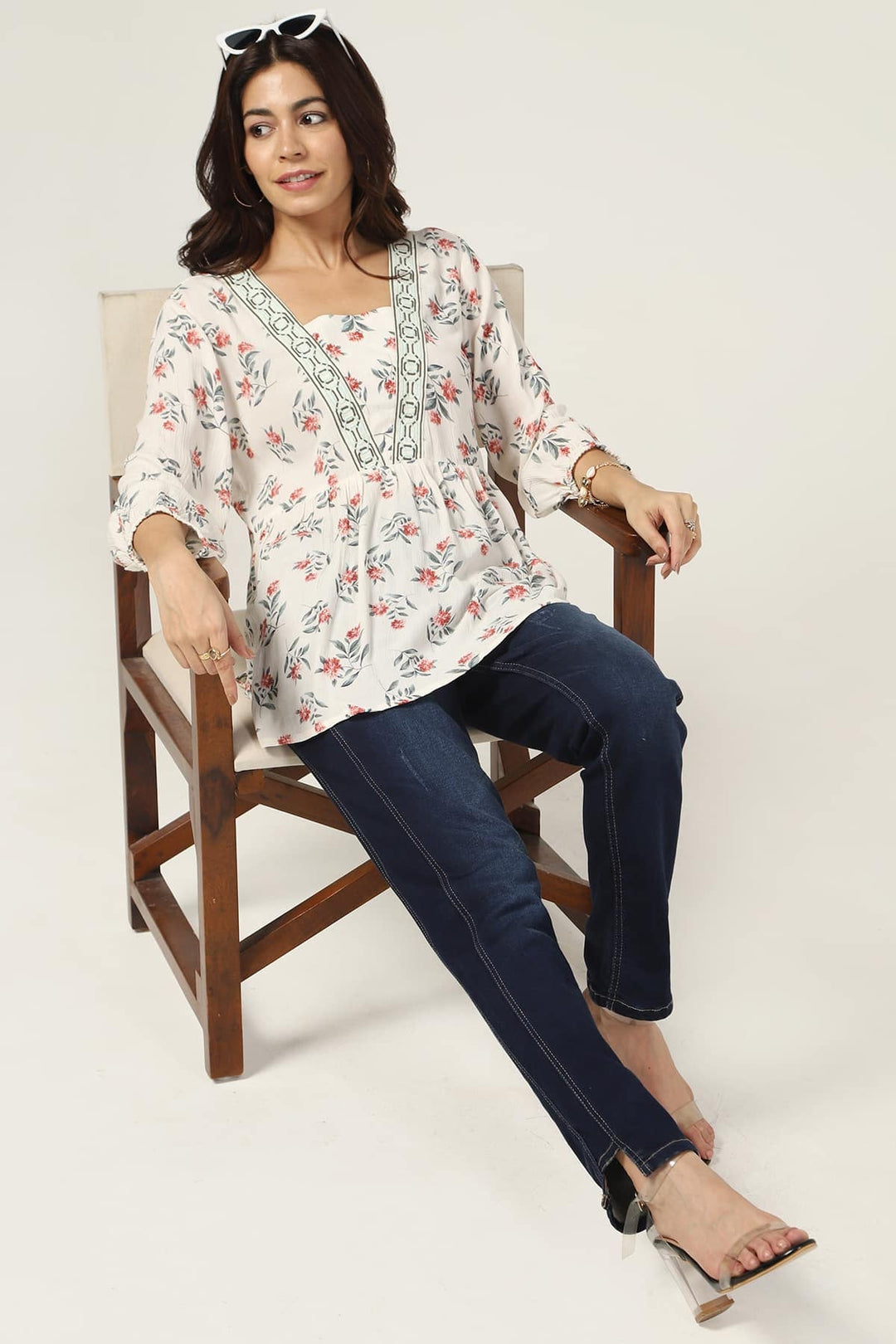 Off White Rayon Crepe V-Neck Top