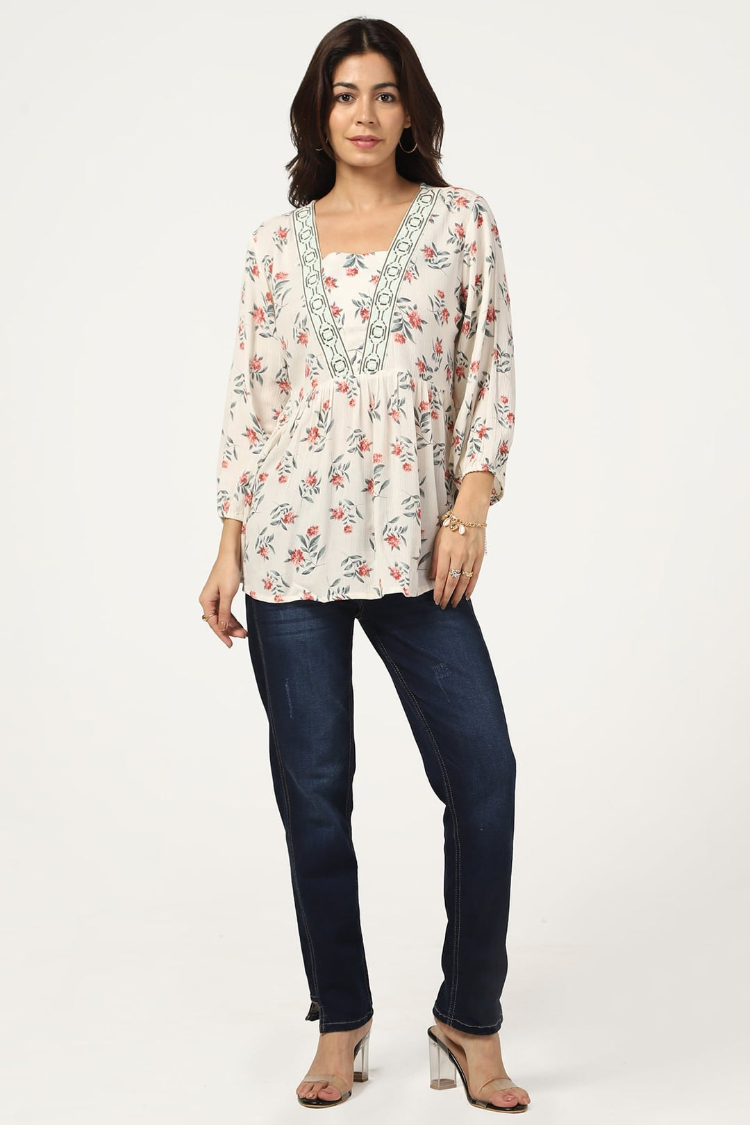 Off White Rayon Crepe V-Neck Top