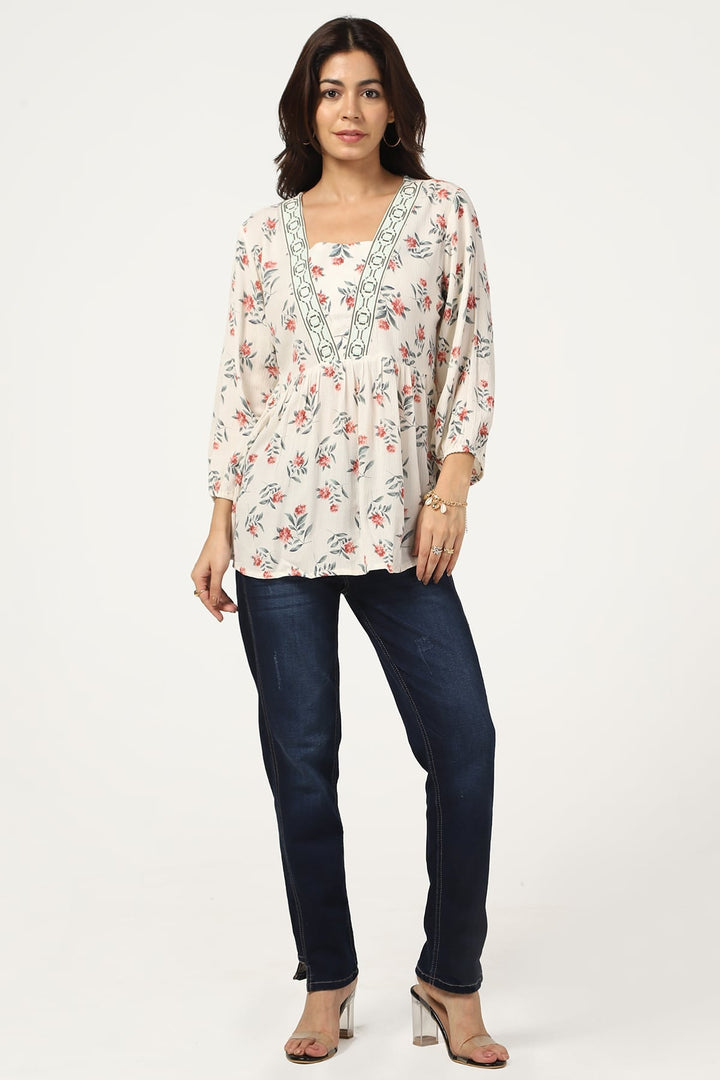 Off White Rayon Crepe V-Neck Top