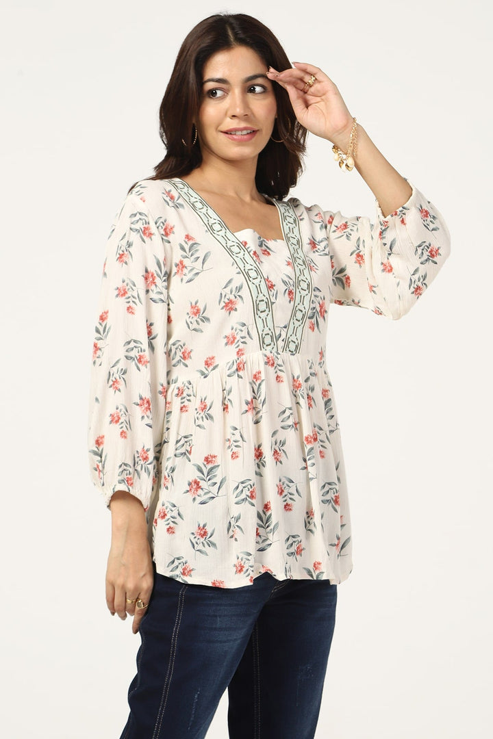 Off White Rayon Crepe V-Neck Top