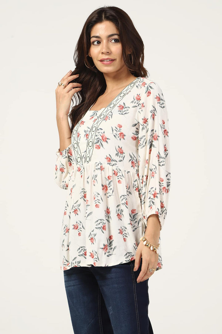 Off White Rayon Crepe V-Neck Top