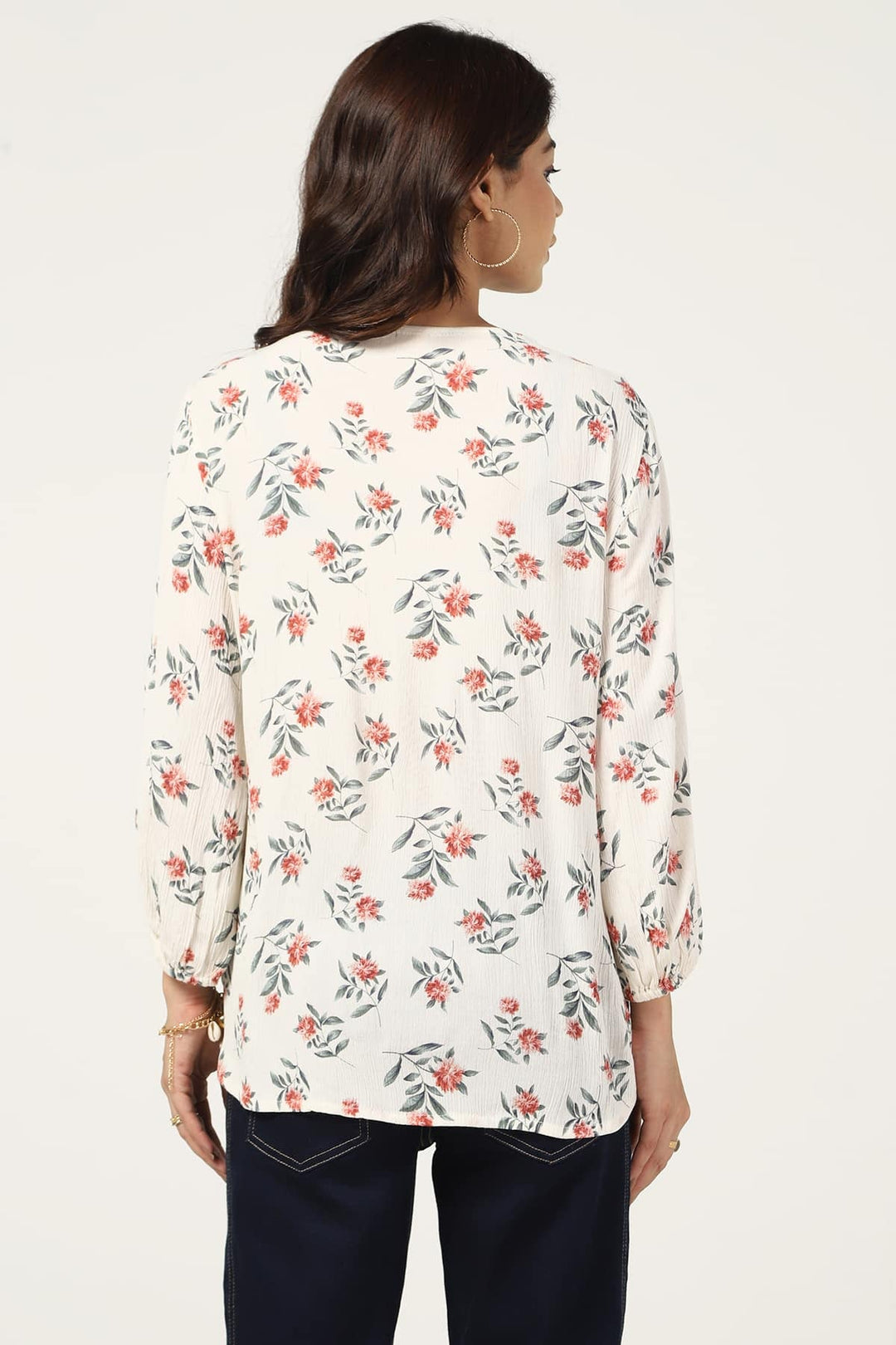 Off White Rayon Crepe V-Neck Top