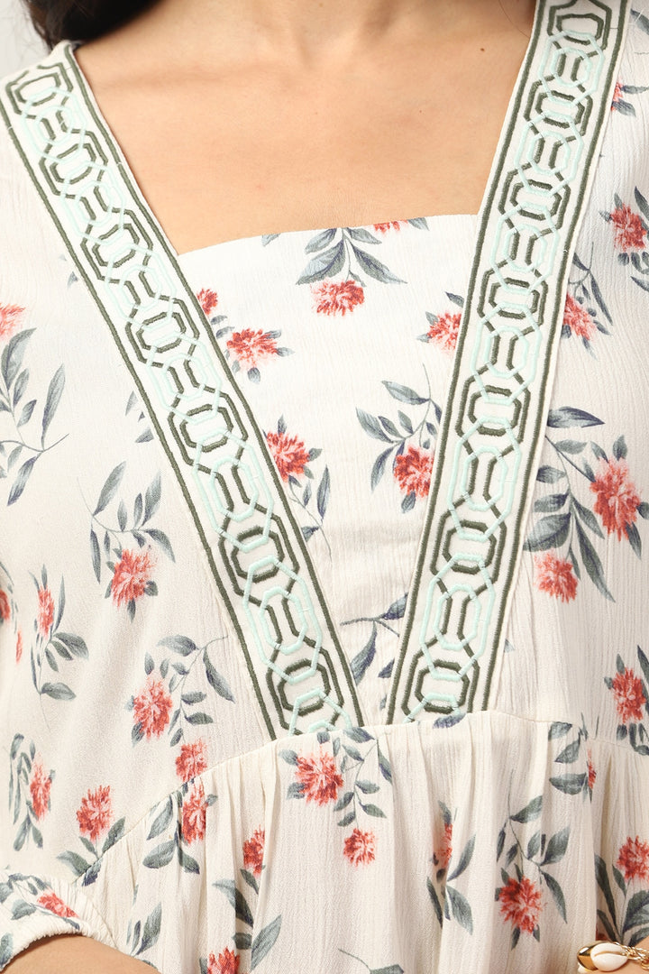 Off White Rayon Crepe V-Neck Top