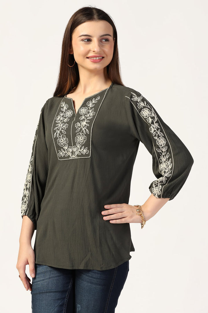 Olive Green Rayon Crepe Embroidered Top