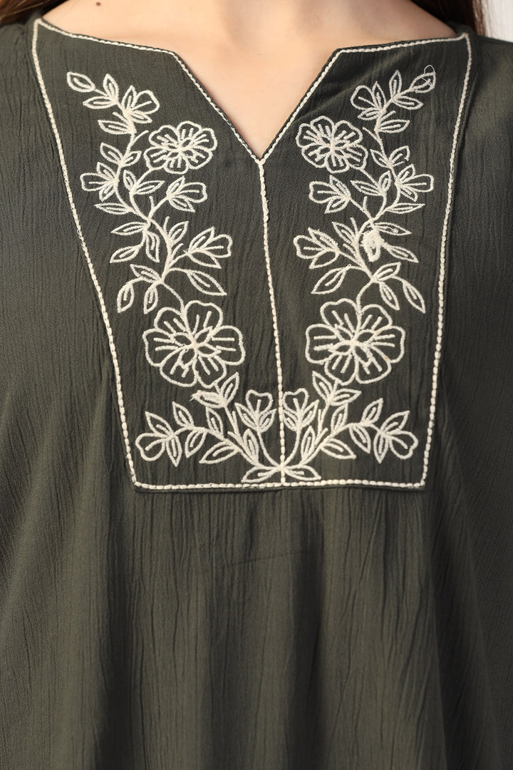 Olive Green Rayon Crepe Embroidered Top