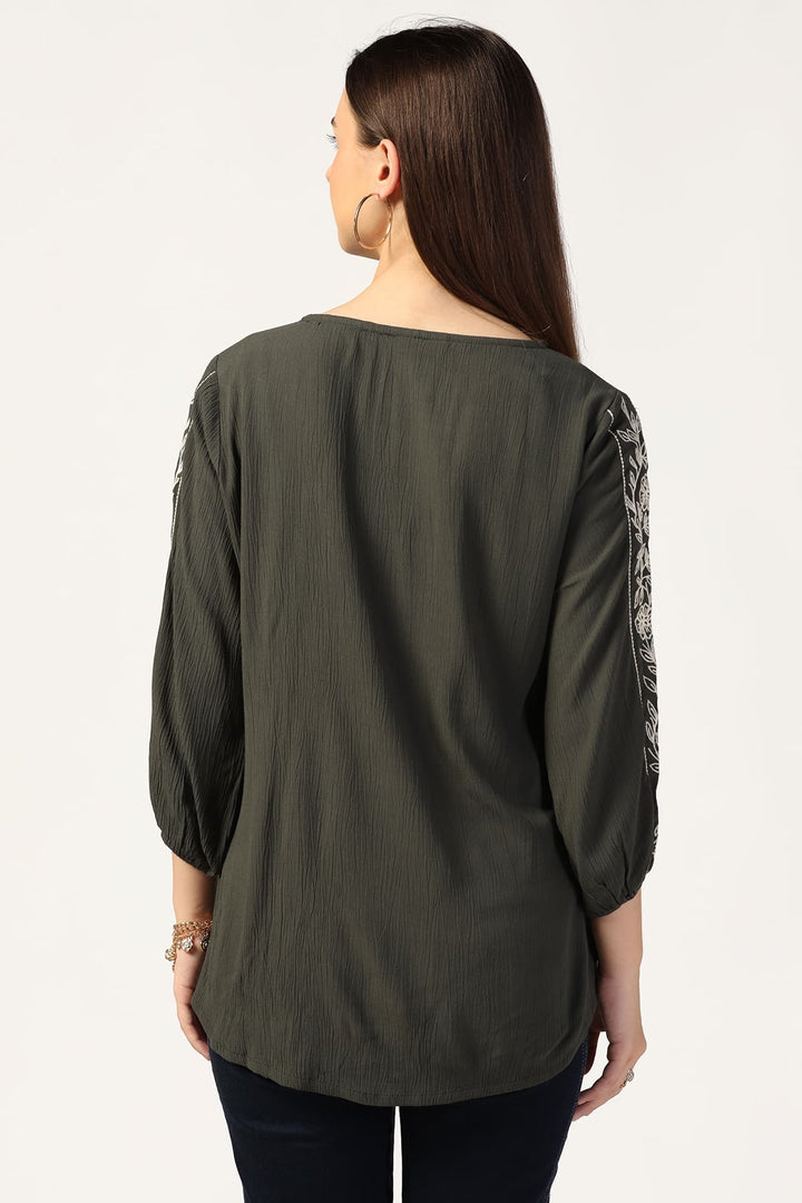 Olive Green Rayon Crepe Embroidered Top