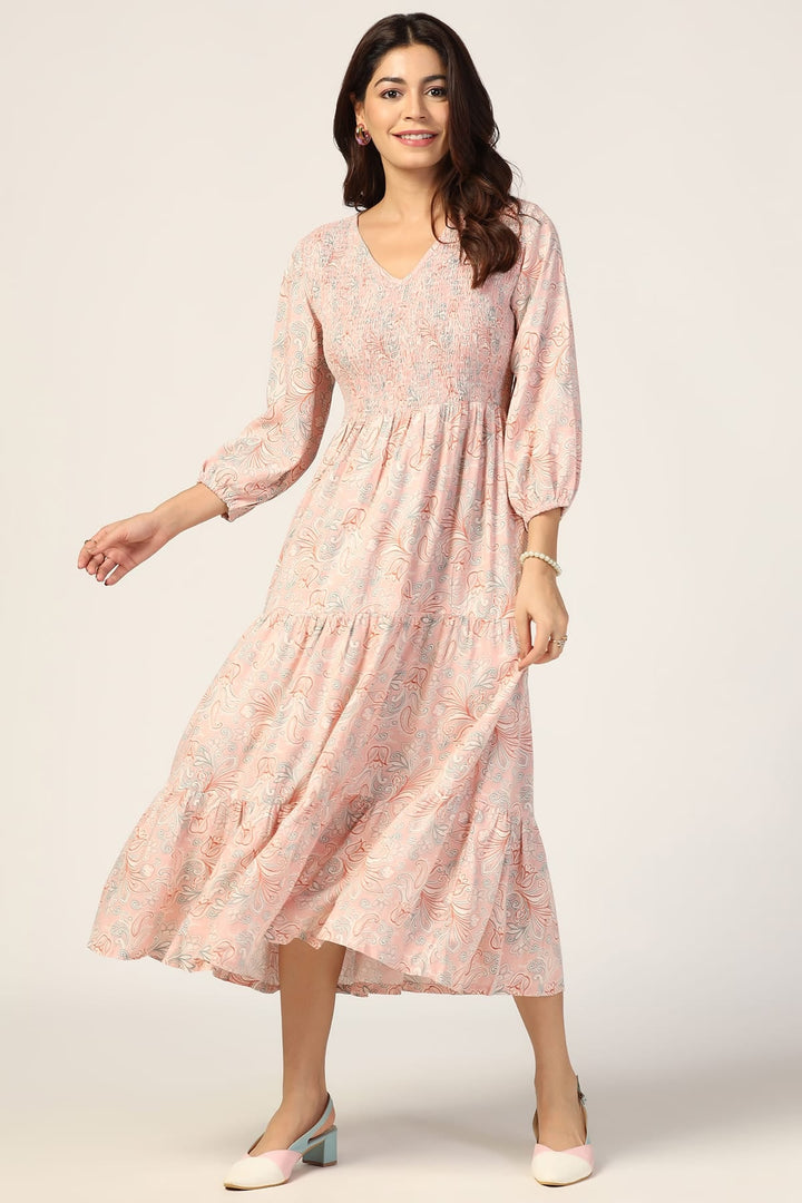 Peach Dobby Casual Dress with Smocking