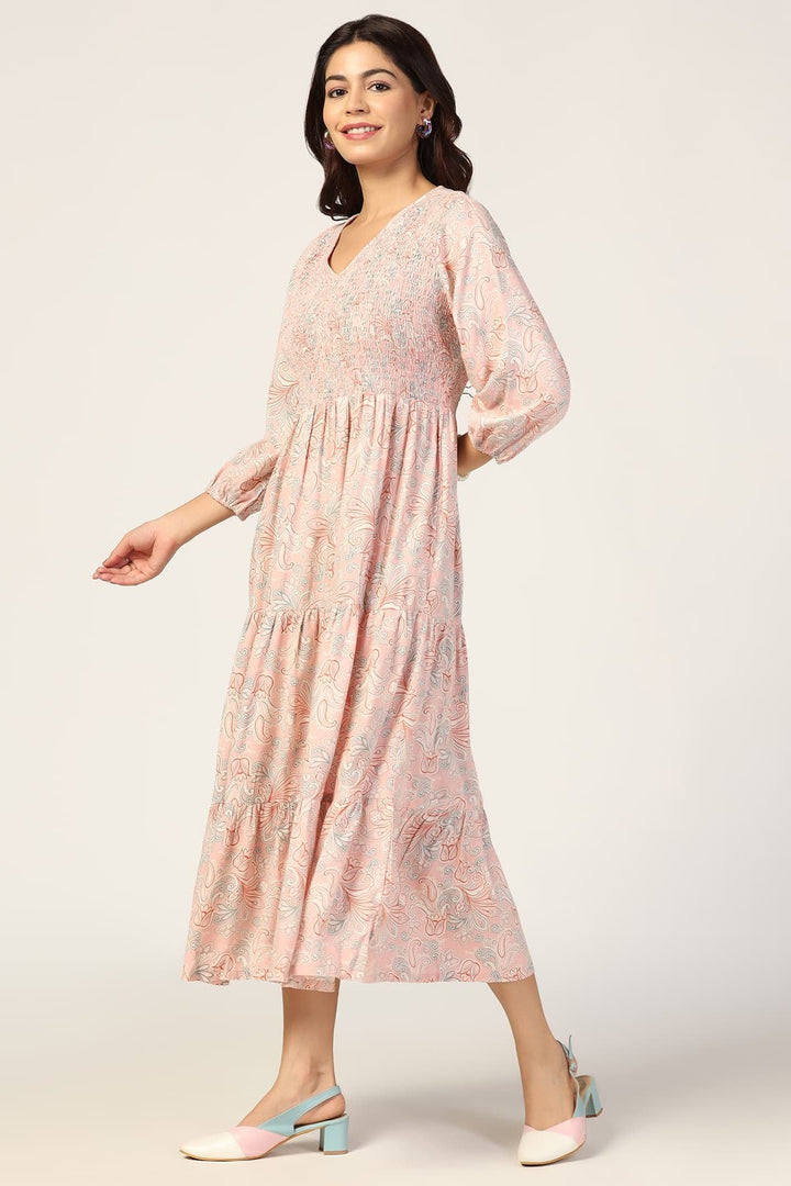 Peach Dobby Casual Dress with Smocking