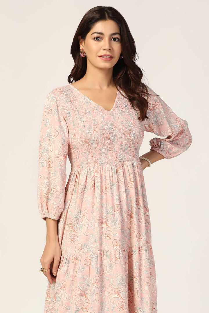 Peach Dobby Casual Dress with Smocking