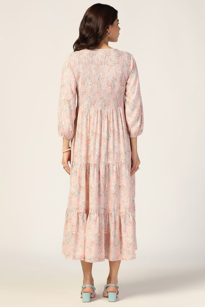 Peach Dobby Casual Dress with Smocking