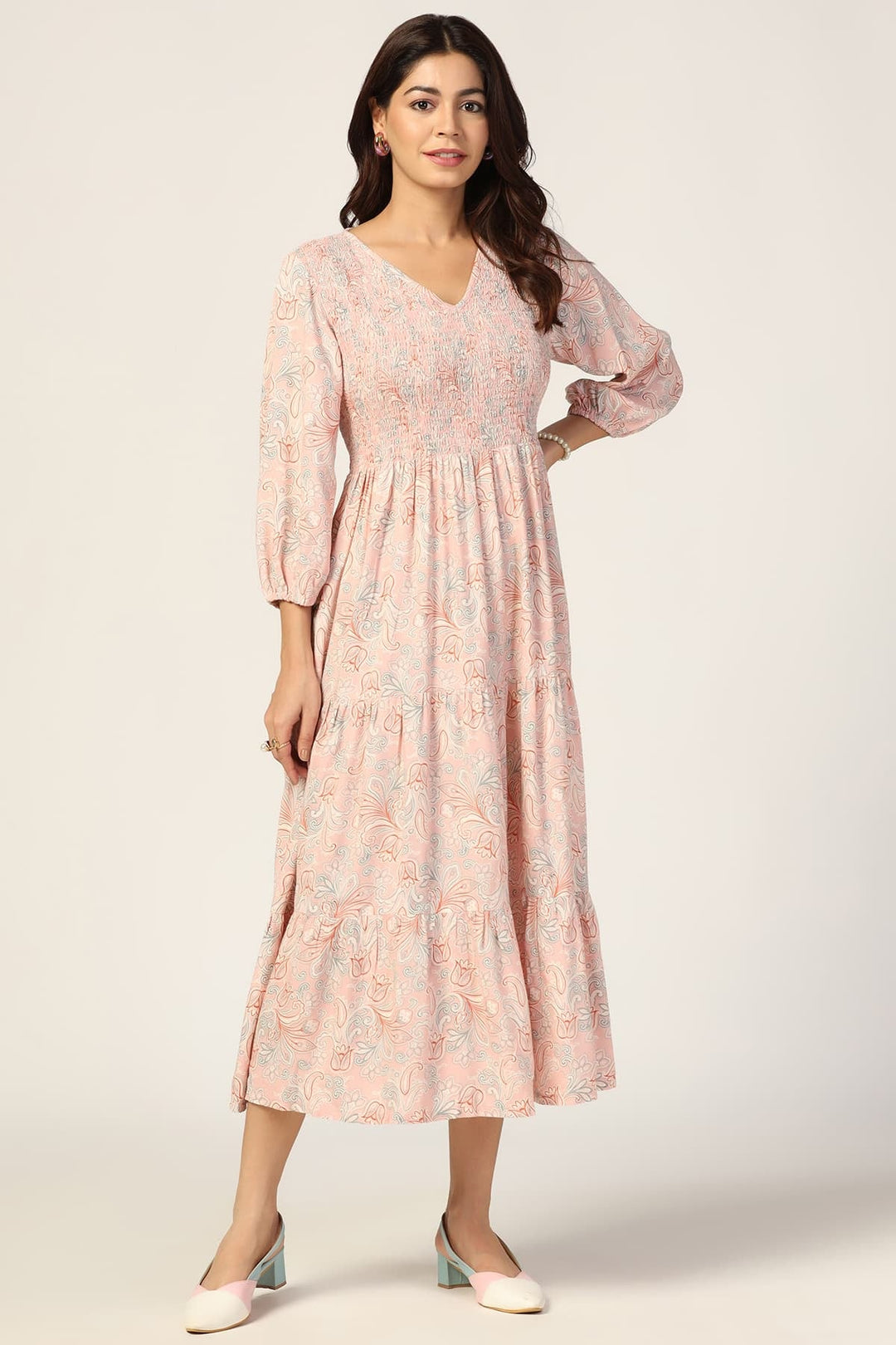 Peach Dobby Casual Dress with Smocking