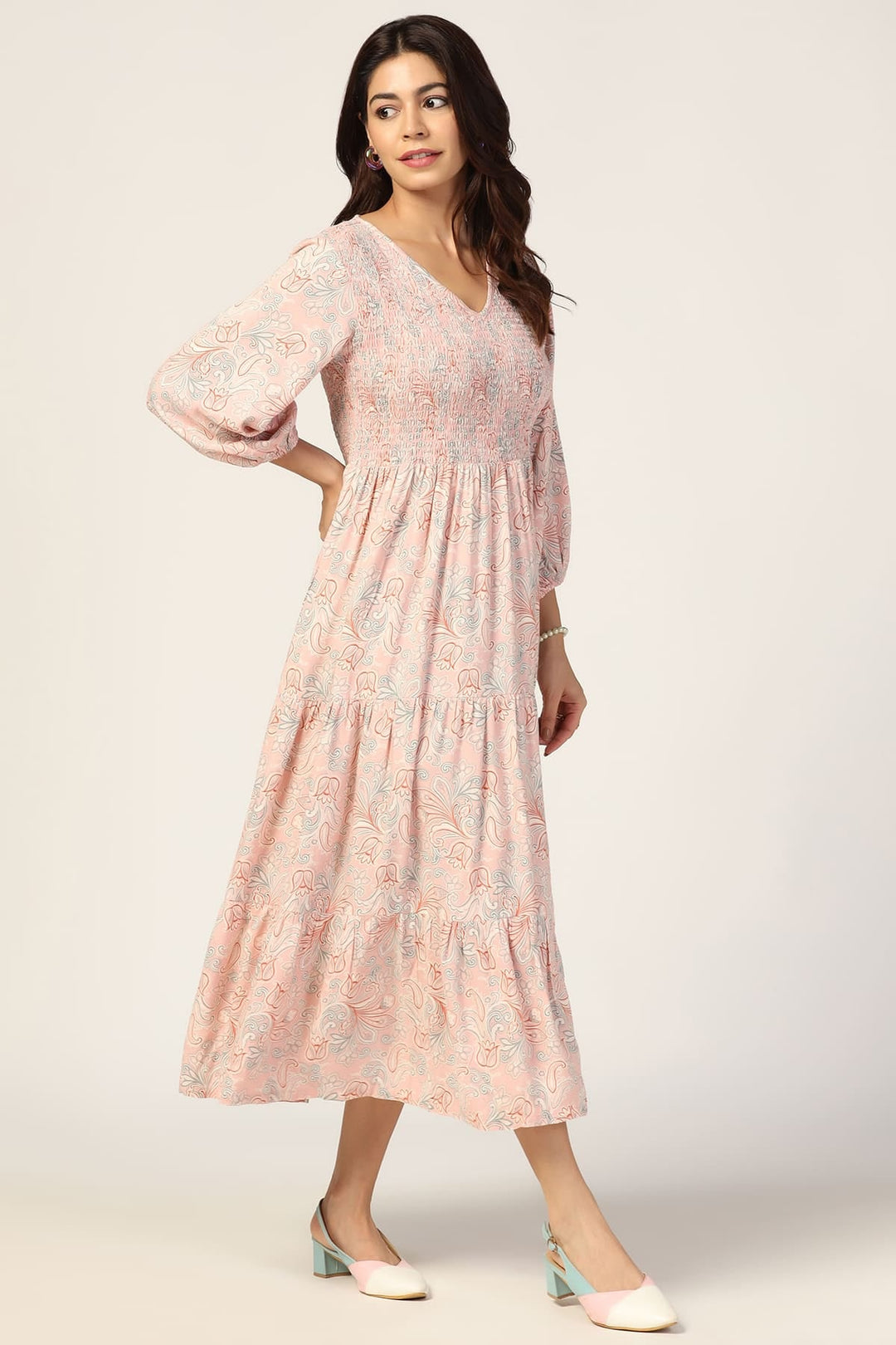 Peach Dobby Casual Dress with Smocking
