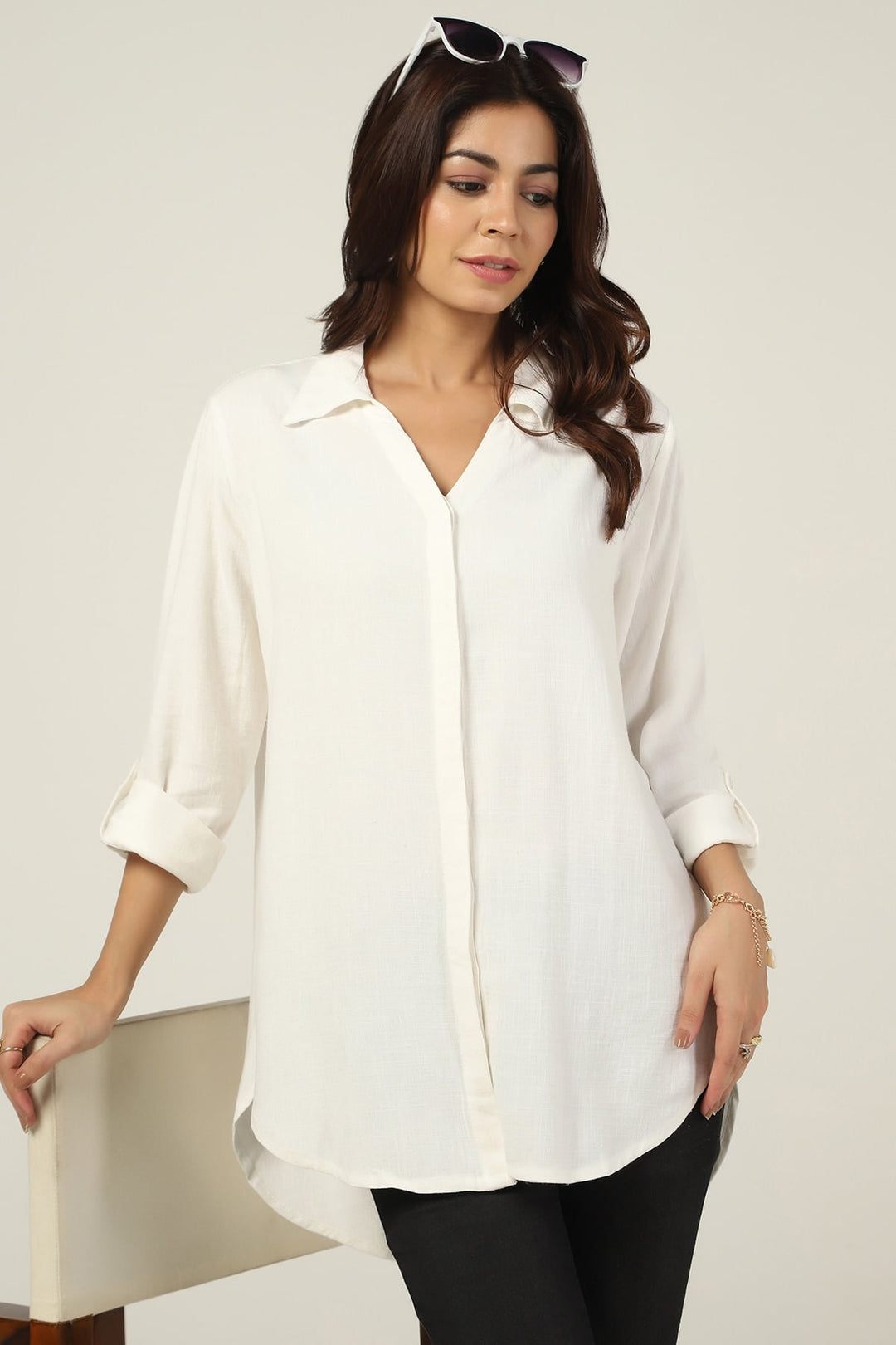 White Solid Viscose Linen Tunic